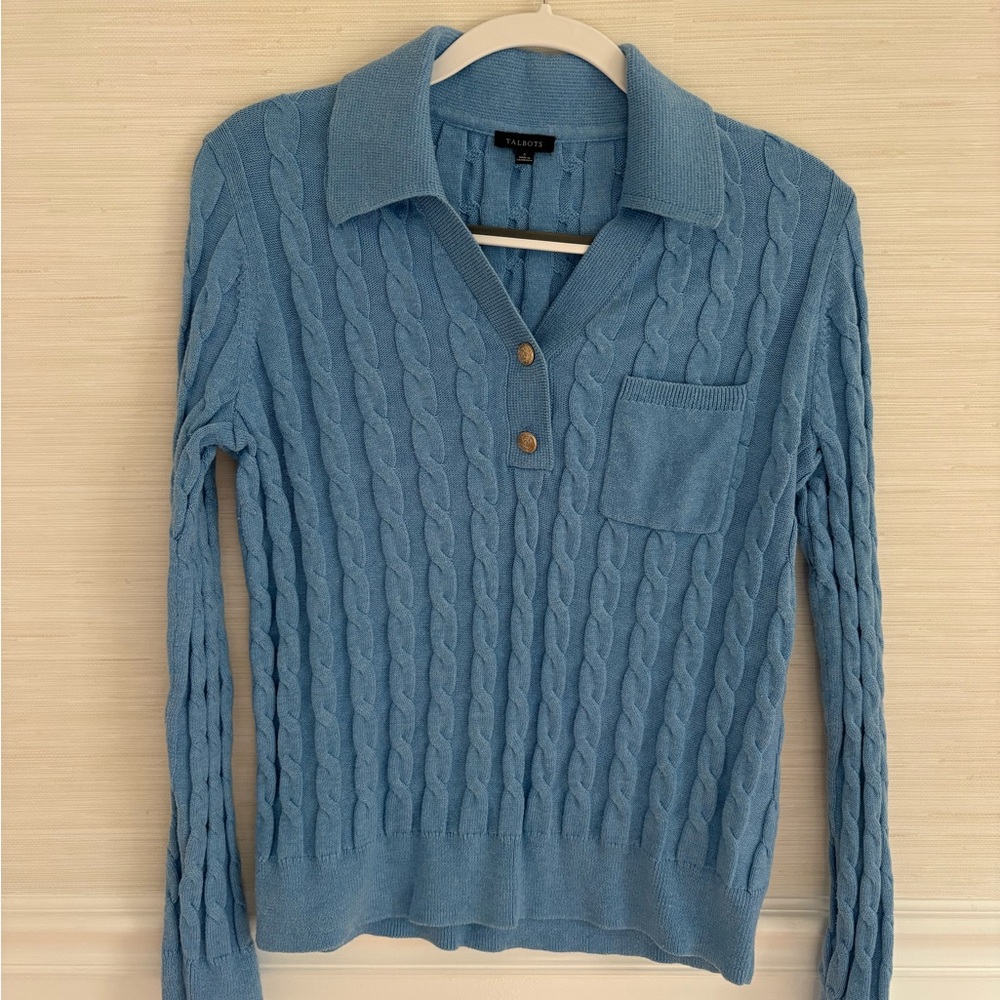 Talbots Women's Blue Cable-Knit Polo Sweater